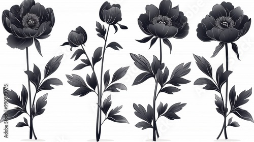Design black silhouette illustrations of spooky Halloween Peony in set of collection ,with bold lines and simple design, placed on a white background 
