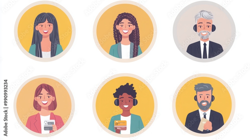 a set of illustrated avatars in circular frames showcasing diverse bankers and customers. One banker wears a formal suit holding a document, a customer has long braided hair a set of illustrated avatars in circular frames showcasing diverse bankers and customers. One banker wears a formal suit holding a document, a customer has long braided hair