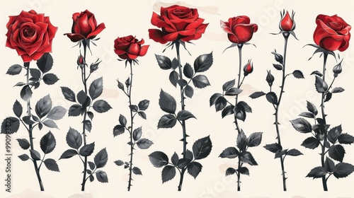 Design black silhouette illustrations of spooky Halloween Red rose in set of collection ,with bold lines and simple design, placed on a white background 