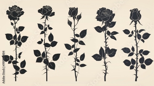 Design black silhouette illustrations of spooky Halloween Red rose in set of collection ,with bold lines and simple design, placed on a white background 