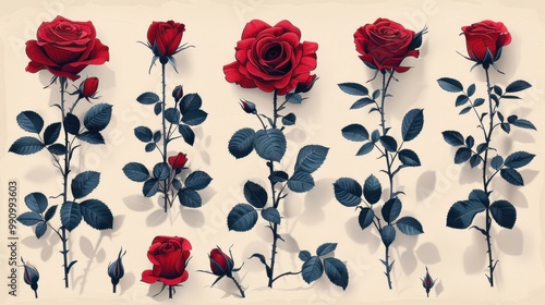 Design black silhouette illustrations of spooky Halloween Red rose in set of collection ,with bold lines and simple design, placed on a white background 