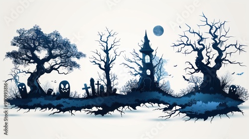 Design black silhouette illustrations of spooky Halloween Sakura in set of collection ,with bold lines and simple design, placed on a white background 