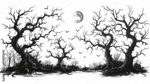 Design black silhouette illustrations of spooky Halloween Sakura in set of collection ,with bold lines and simple design, placed on a white background 