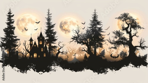 Design black silhouette illustrations of spooky Halloween Sakura in set of collection ,with bold lines and simple design, placed on a white background 