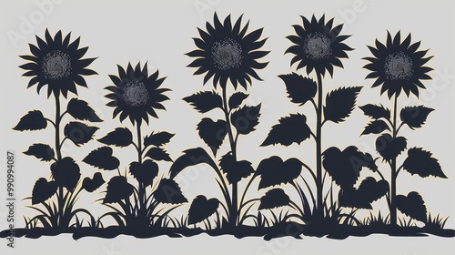 Design black silhouette illustrations of spooky Halloween Sunflower in set of collection ,with bold lines and simple design, placed on a white background 