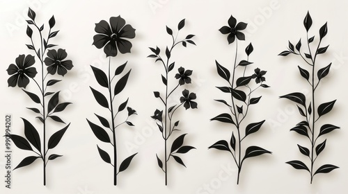 Design black silhouette illustrations of spooky Halloween Tuberose in set of collection ,with bold lines and simple design, placed on a white background 