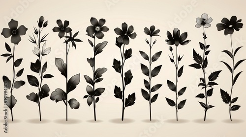 Design black silhouette illustrations of spooky Halloween Tuberose in set of collection ,with bold lines and simple design, placed on a white background 