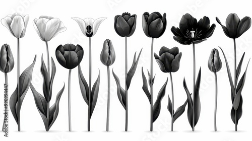 Design black silhouette illustrations of spooky Halloween Tulip in set of collection ,with bold lines and simple design, placed on a white background 
