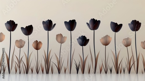 Design black silhouette illustrations of spooky Halloween Tulip in set of collection ,with bold lines and simple design, placed on a white background 