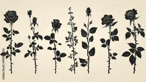 Design black silhouette illustrations of spooky Halloween White rose in set of collection ,with bold lines and simple design, placed on a white background 