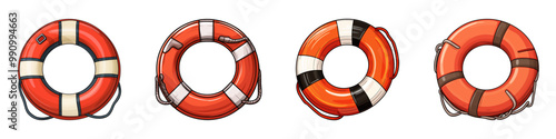 Vector illustration set of lifebuoys with various designs. Nautical and rescue theme.