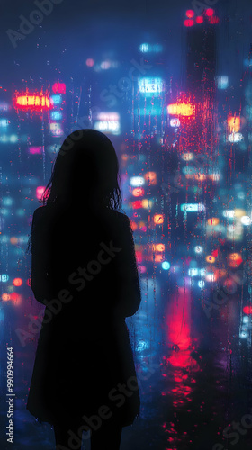 Silhouette of a Woman Standing by a Window Overlooking a Rainy Cityscape