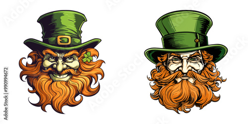 Vector illustration of leprechaun faces with green hats and orange beards. St. Patrick’s Day theme.