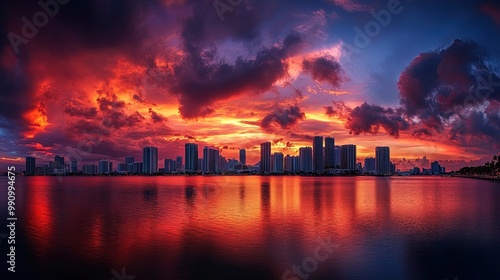 Dramatic red and purple sunset over miami florida skyline