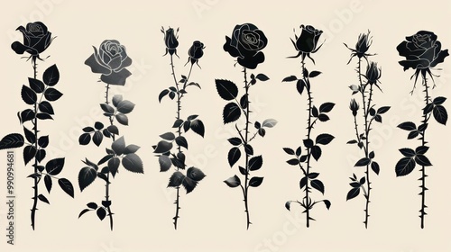 Design black silhouette illustrations of spooky Halloween White rose in set of collection ,with bold lines and simple design, placed on a white background 