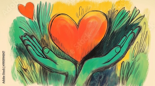 An artistic illustration showing two green hands holding a vibrant red heart with an abstract yellow and green background symbolizing nature or growth.