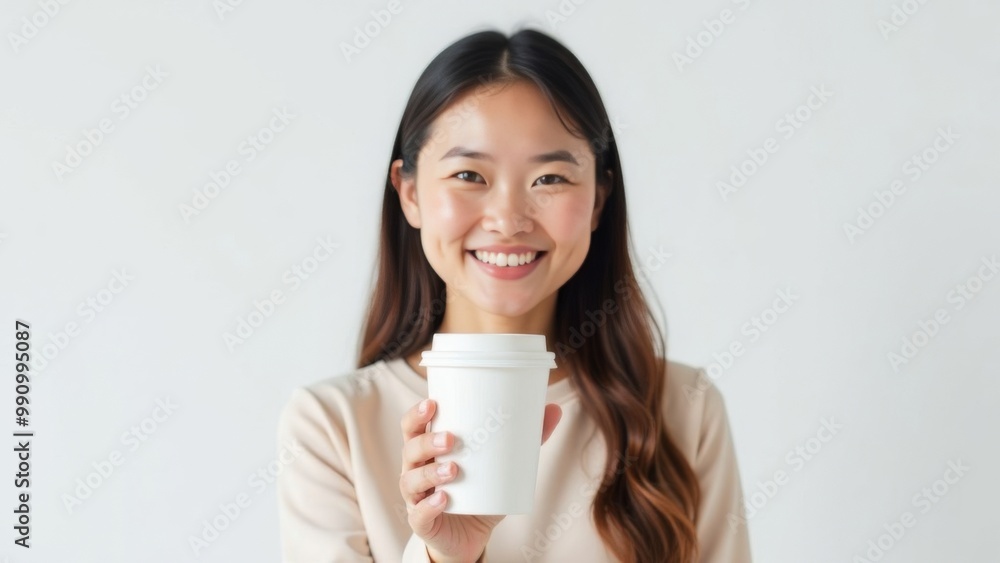 Asian woman standing with paper cup for takeaway coffee drinks or tea on white background. Place for text Asian woman standing with paper cup for takeaway coffee drinks or tea on white background. Place for text