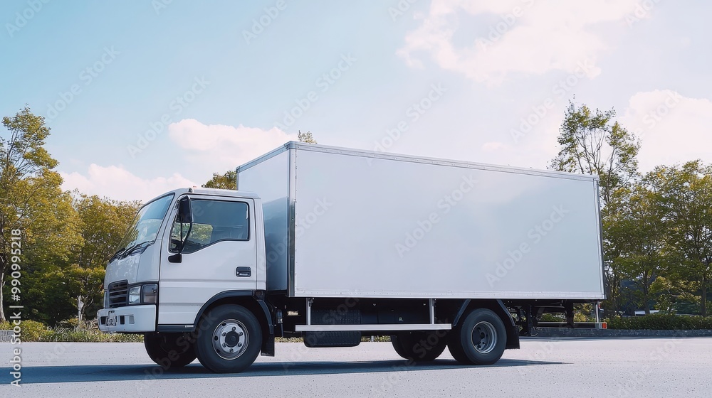 Large white delivery truck on the highway, highlighted by sunlight with trees and blue sky in the background, emphasizing its professional look. Large white delivery truck on the highway, highlighted by sunlight with trees and blue sky in the background, emphasizing its professional look.