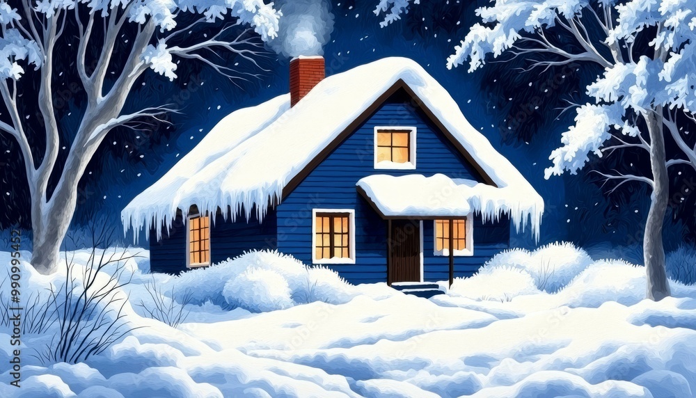Fototapeta premium A cozy blue cottage surrounded by snow under a starry night sky.