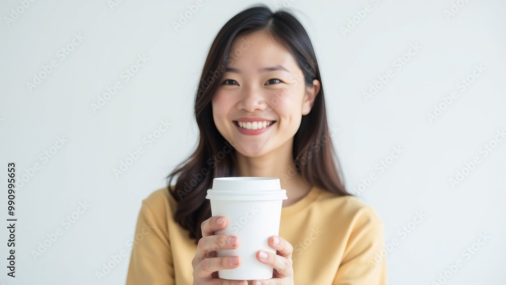 Asian woman standing with paper cup for takeaway coffee drinks or tea on white background. Place for text Asian woman standing with paper cup for takeaway coffee drinks or tea on white background. Place for text