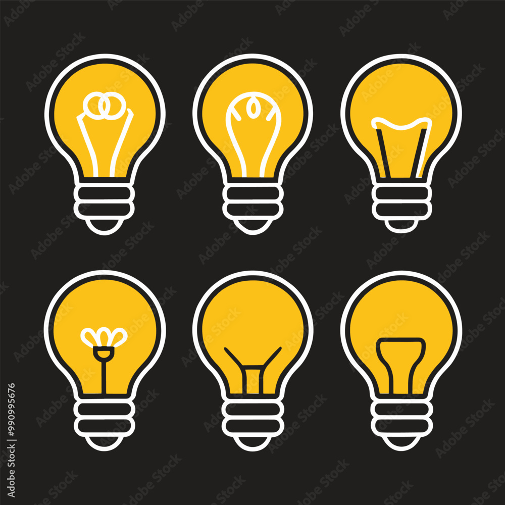 Six stylized yellow lightbulbs with white outlines are depicted against a black background, symbolizing ideas or inspiration Six stylized yellow lightbulbs with white outlines are depicted against a black background, symbolizing ideas or inspiration