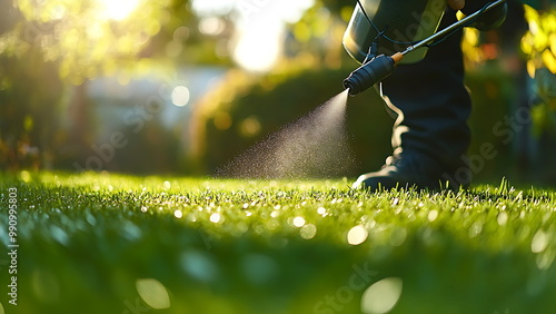 worker spraying pesticide on a green grass photo