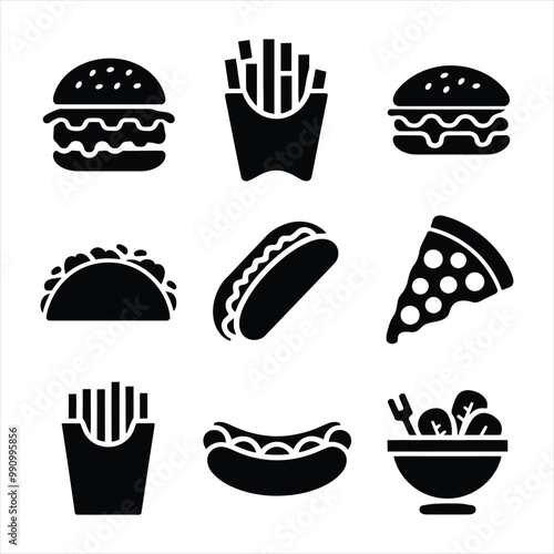 Collection of different types of fast food icon silhouette vector design