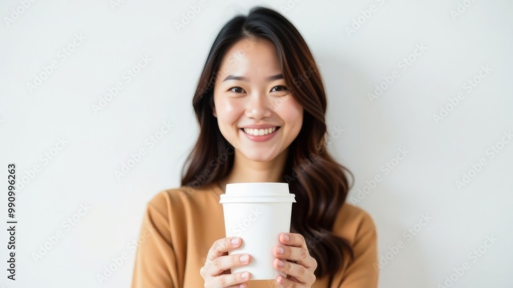 Asian woman standing with paper cup for takeaway coffee drinks or tea on white background. Place for text Asian woman standing with paper cup for takeaway coffee drinks or tea on white background. Place for text
