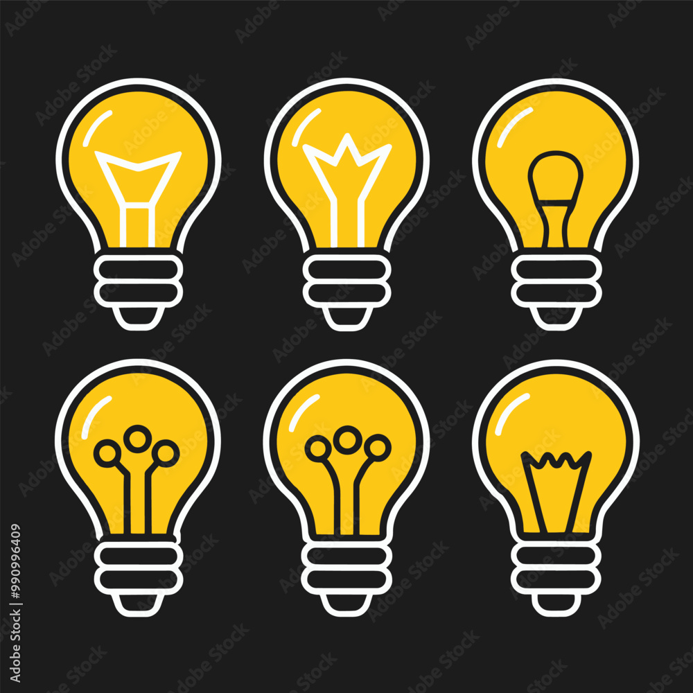 Six stylized yellow lightbulbs with white outlines are depicted against a black background, symbolizing ideas or inspiration Six stylized yellow lightbulbs with white outlines are depicted against a black background, symbolizing ideas or inspiration