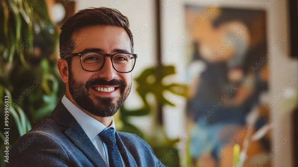 Confident Bearded Businessman Smiling in Formal Suit at Office Confident Bearded Businessman Smiling in Formal Suit at Office