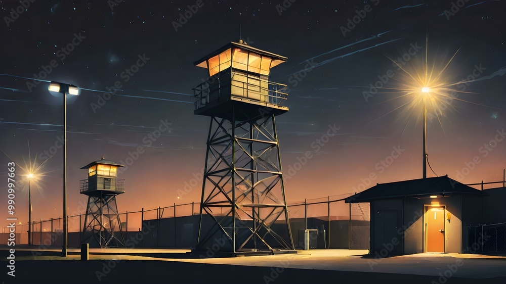 A vector of a prison guard tower with a searchlight scanning the prison yard at night A vector of a prison guard tower with a searchlight scanning the prison yard at night