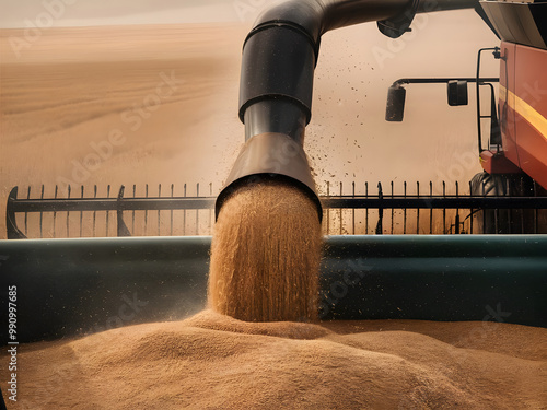 El tubo de descarga de una cosechadora captura el momento en que el grano se descarga en una tolva
