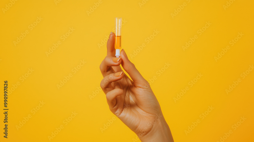 A hand holding a dropper vial against a vibrant yellow background, suggesting themes of health, beauty, or wellness. A hand holding a dropper vial against a vibrant yellow background, suggesting themes of health, beauty, or wellness.