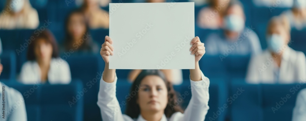 A person holds a blank sign during a meeting or presentation in a room filled with people wearing masks, suggesting social distancing. A person holds a blank sign during a meeting or presentation in a room filled with people wearing masks, suggesting social distancing.