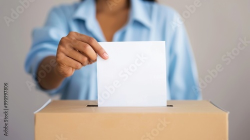 A person casting a vote by placing a ballot into a voting box, highlighting the process of democratic participation and election.