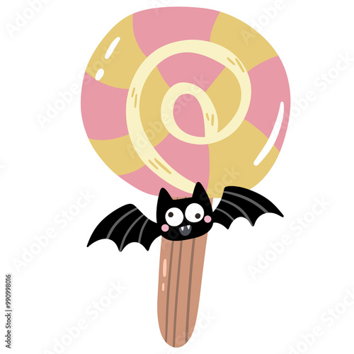 a cute bat with pastel candy , Halloween PNG element sticker for decoration