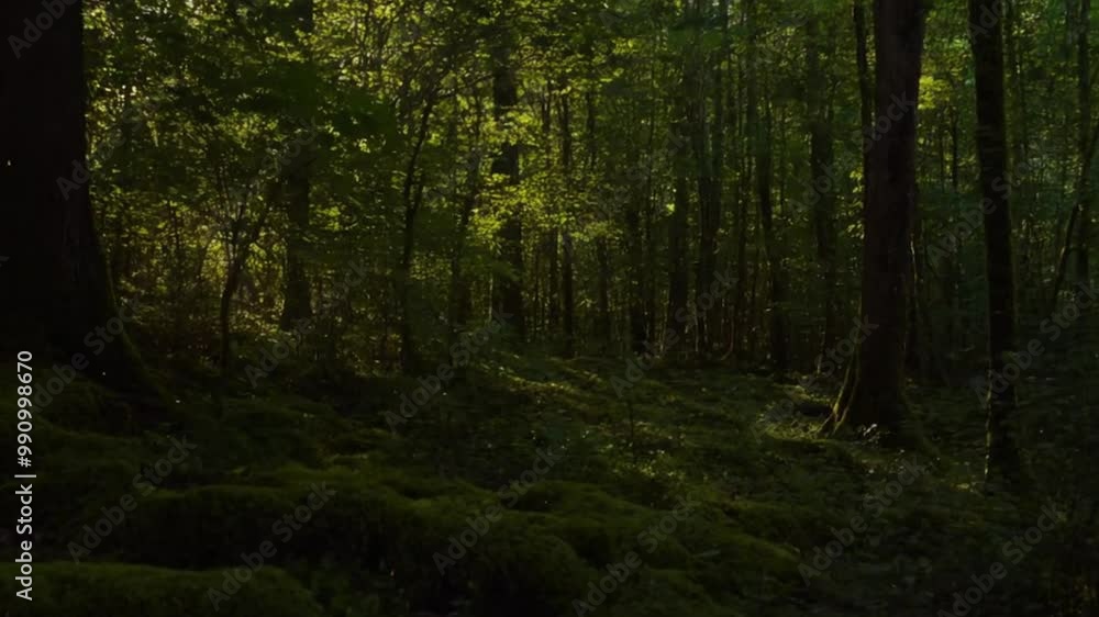 Magical morning sunlight with fireflies in a mossy forest. Magical morning sunlight with fireflies in a mossy forest.