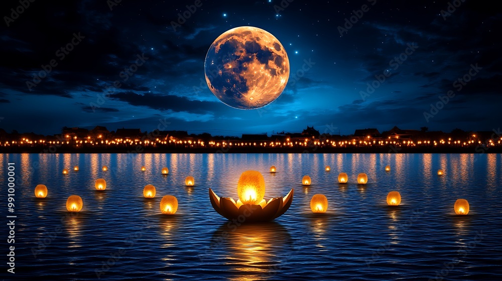 Fotografie Serene Night with Floating Lanterns and Full Moon