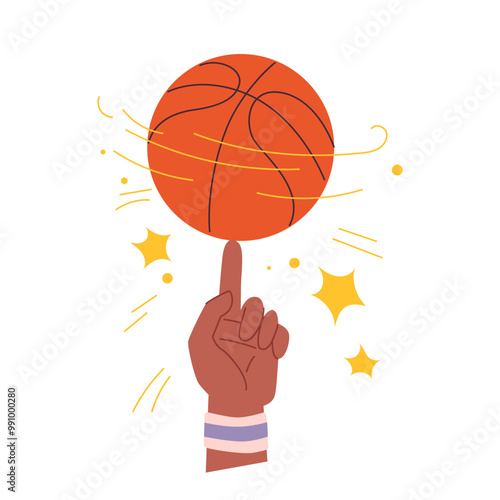 Basketball players hand with ball spinning on finger. Professional athlete holding ball in balance with stars and spin lines, character training before sport match cartoon vector illustration