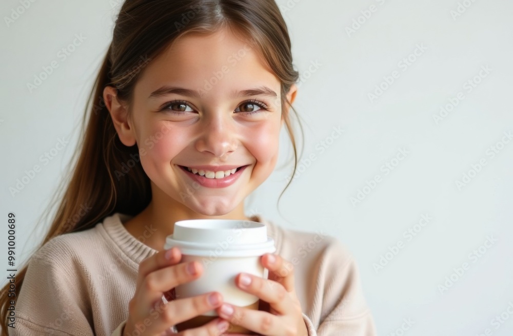 A young girl stands with a paper cup for takeaway coffee drinks or tea on a white background. Place for text A young girl stands with a paper cup for takeaway coffee drinks or tea on a white background. Place for text
