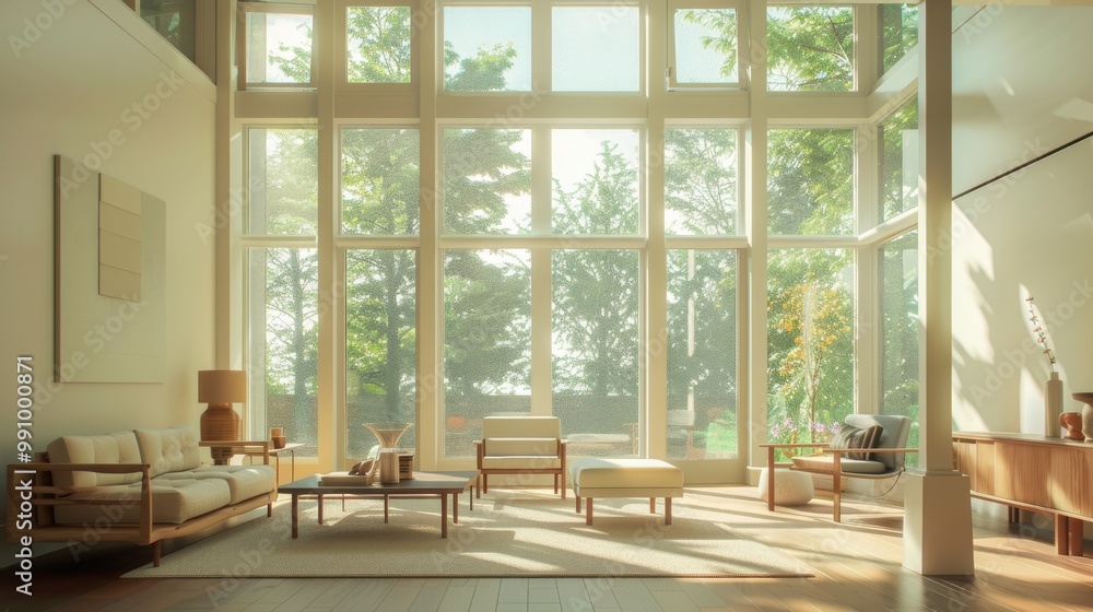 Fototapeta premium Sunlight filters through large windows into a serene and spacious modern living room, blending nature and comfort with its minimalistic design and calming ambiance.