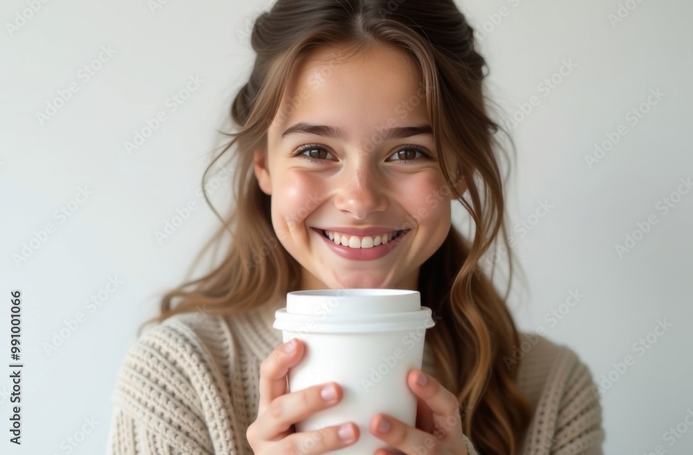 A young girl stands with a paper cup for takeaway coffee drinks or tea on a white background. Place for text A young girl stands with a paper cup for takeaway coffee drinks or tea on a white background. Place for text