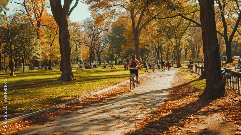 Cyclists enjoy a vibrant autumn day in a sunlit park, the golden foliage and warm light creating an idyllic atmosphere. Cyclists enjoy a vibrant autumn day in a sunlit park, the golden foliage and warm light creating an idyllic atmosphere.