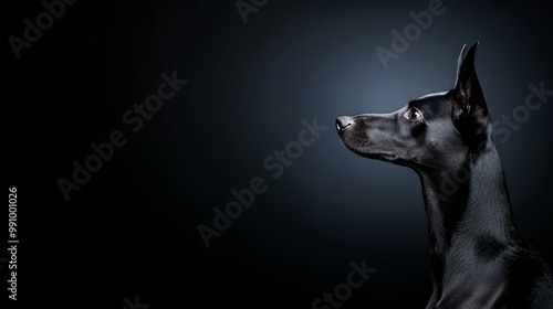 Profile of a black dog against a dark background, showcasing its elegant features. photo