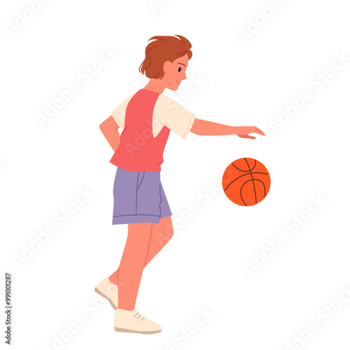 Boy basketball player playing with ball. Young male character walking to basket, athlete hitting ball on floor and training hit action, side view of active exercises of guy cartoon vector illustration