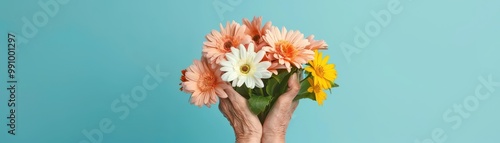 Hands holding a vibrant bouquet of assorted flowers against a blue background, featuring daisies and gerberas in full bloom.