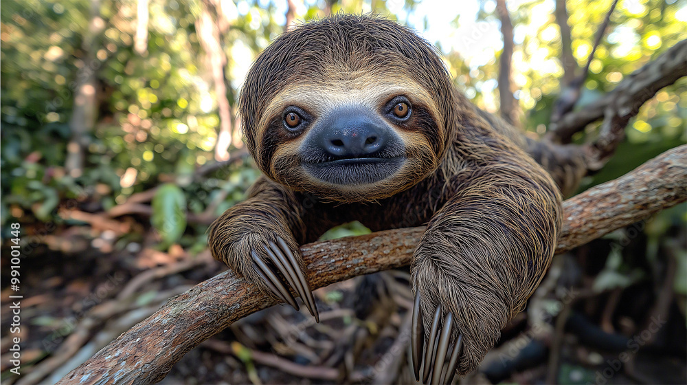 Fototapeta premium Hoffmann’s two-toed sloth hanging on a tree branch in tropical forest habitat 