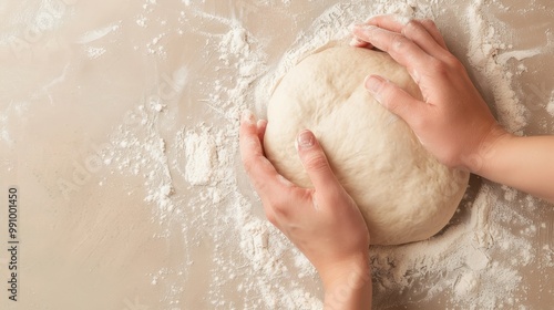 Hands kneading dough on a floured surface, ready for baking. Perfect for illustrating home baking, cooking, and recipe concepts.