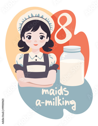 Eight maids a-milking. The twelve days of Christmas. English Christmas carol. Fourth day. Vector isolated illustration. Cute milkmaid with jar of milk