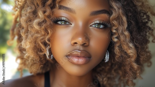 An African American woman with a light brown skin tone, wearing soft glam makeup and long lashes, adorned with silver diamond earrings.